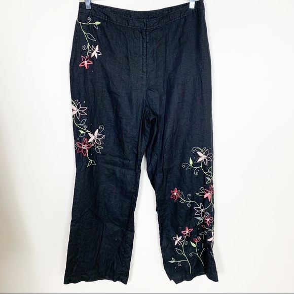 J. Jill Pants - J. Jill 100% Linen Black Floral Embroidered Pants